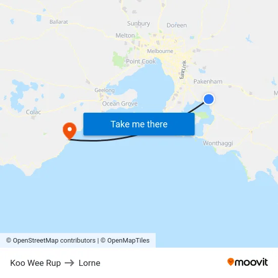 Koo Wee Rup to Lorne map