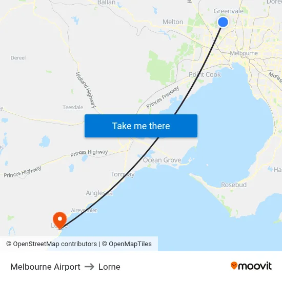 Melbourne Airport to Lorne map