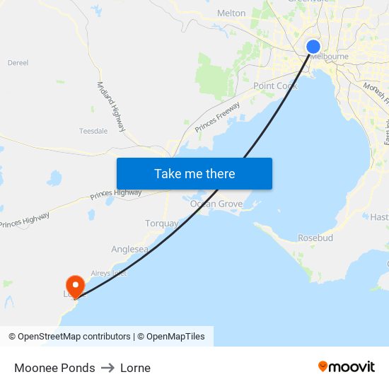 Moonee Ponds to Lorne map