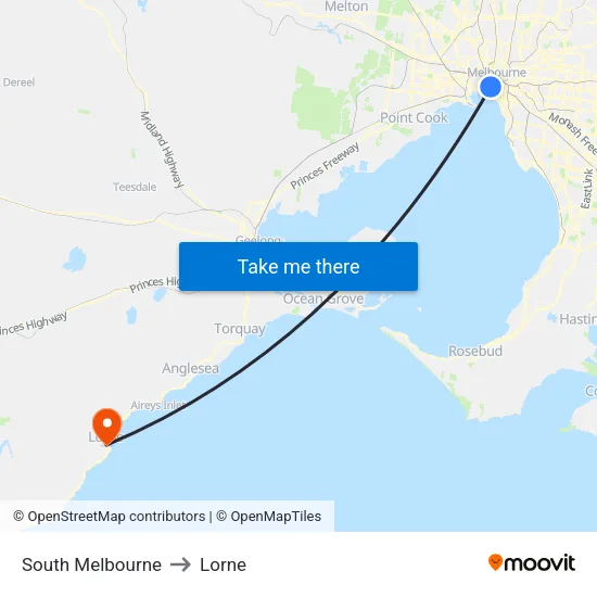 South Melbourne to Lorne map