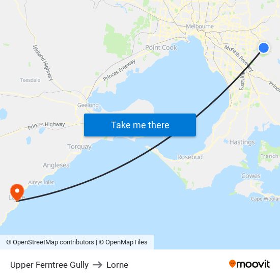 Upper Ferntree Gully to Lorne map