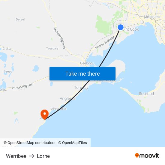 Werribee to Lorne map