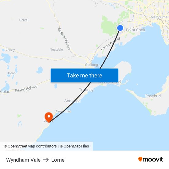 Wyndham Vale to Lorne map