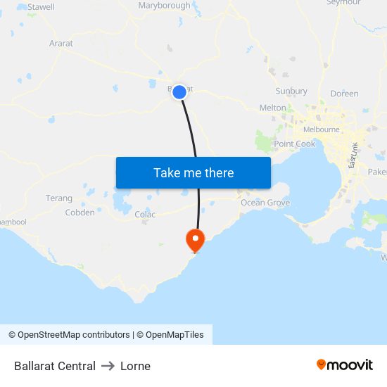 Ballarat Central to Lorne map