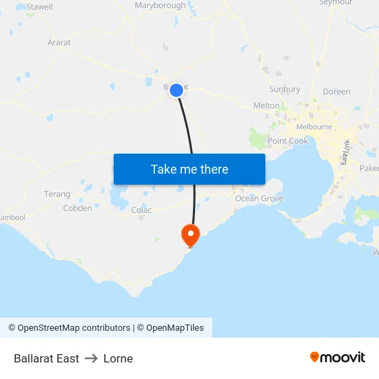 Ballarat East to Lorne map