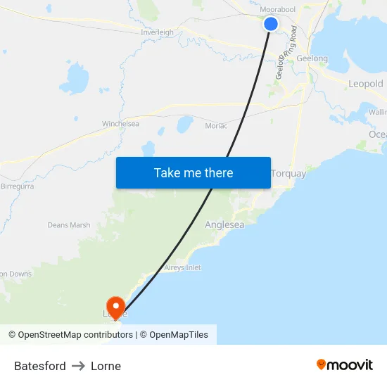 Batesford to Lorne map