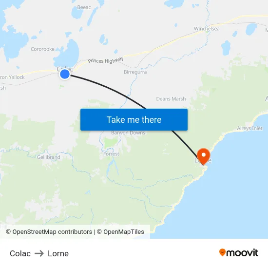 Colac to Lorne map