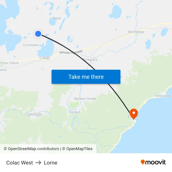 Colac West to Lorne map