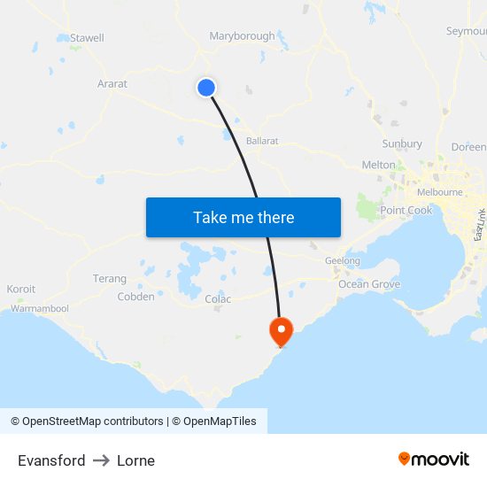 Evansford to Lorne map