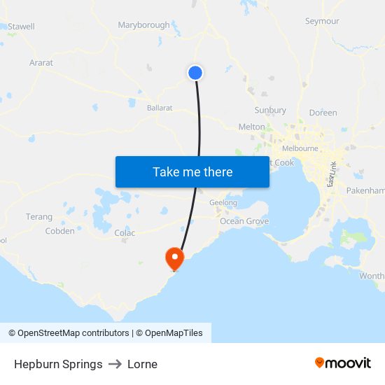 Hepburn Springs to Lorne map