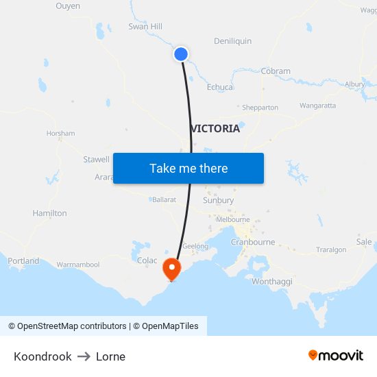 Koondrook to Lorne map