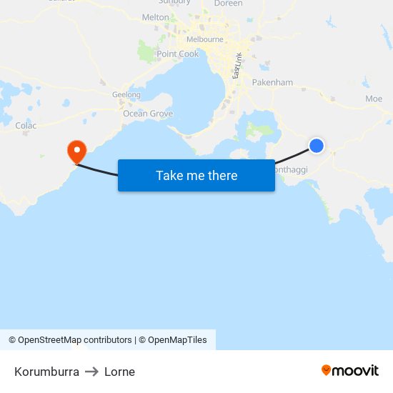 Korumburra to Lorne map