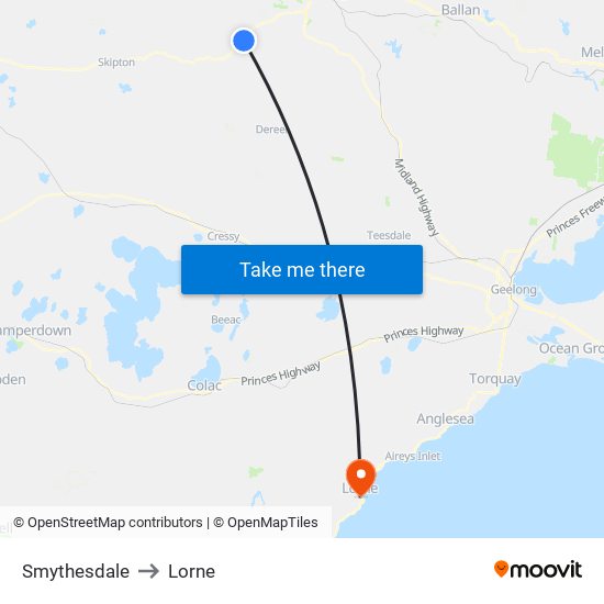 Smythesdale to Lorne map