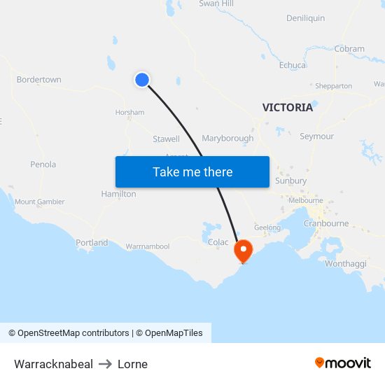 Warracknabeal to Lorne map