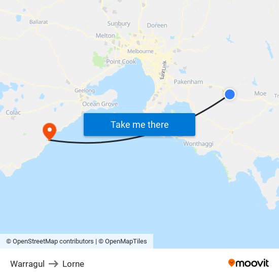 Warragul to Lorne map