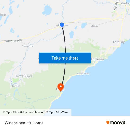 Winchelsea to Lorne map