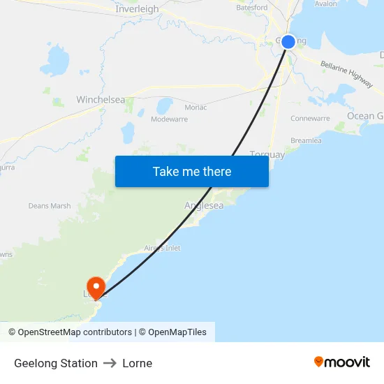 Geelong Station to Lorne map