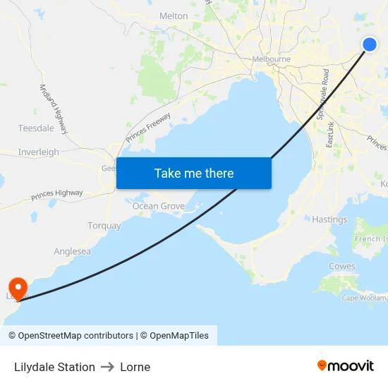 Lilydale Station to Lorne map