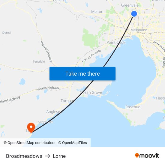 Broadmeadows to Lorne map