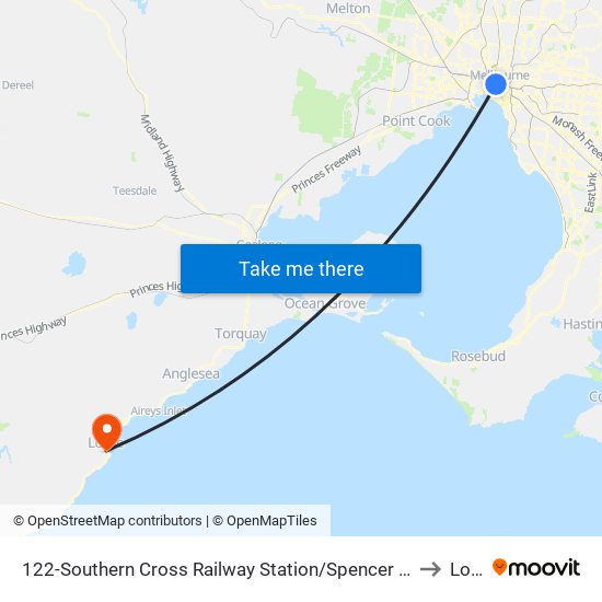 122-Southern Cross Railway Station/Spencer St (Melbourne City) to Lorne map