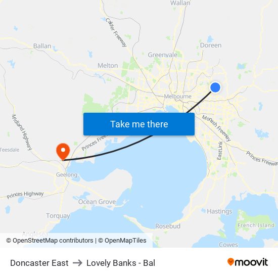 Doncaster East to Lovely Banks - Bal map