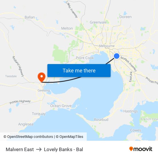 Malvern East to Lovely Banks - Bal map