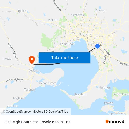 Oakleigh South to Lovely Banks - Bal map