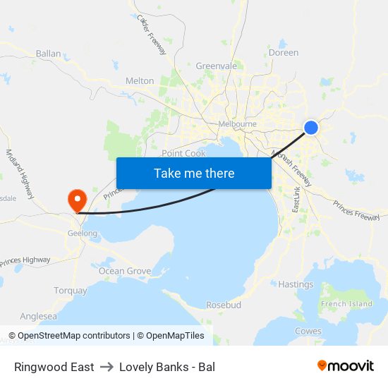 Ringwood East to Lovely Banks - Bal map