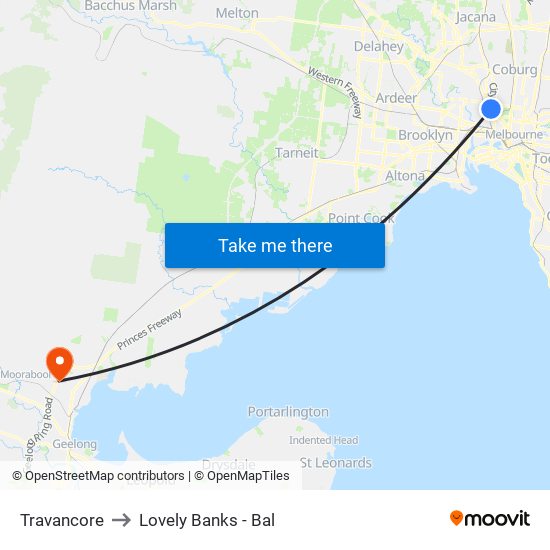 Travancore to Lovely Banks - Bal map