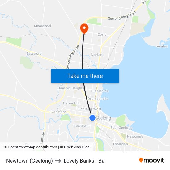 Newtown (Geelong) to Lovely Banks - Bal map