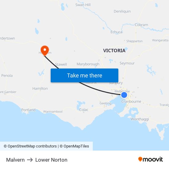 Malvern to Lower Norton map