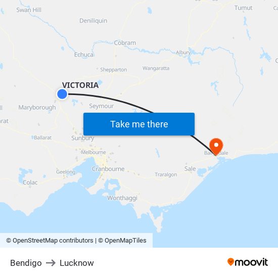 Bendigo to Lucknow map