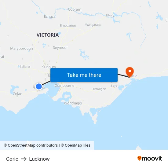 Corio to Lucknow map