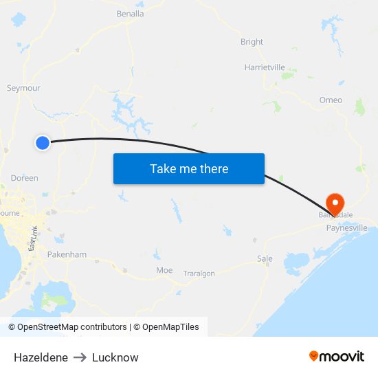 Hazeldene to Lucknow map