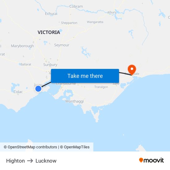 Highton to Lucknow map