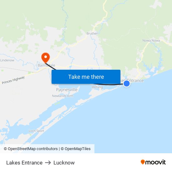 Lakes Entrance to Lucknow map