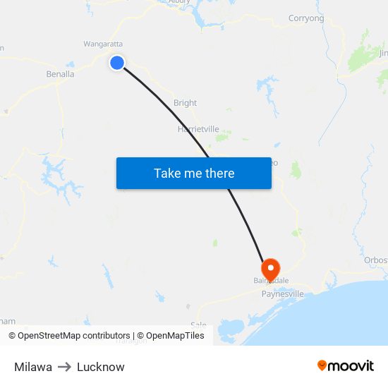 Milawa to Lucknow map