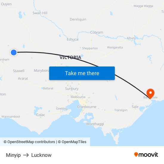 Minyip to Lucknow map