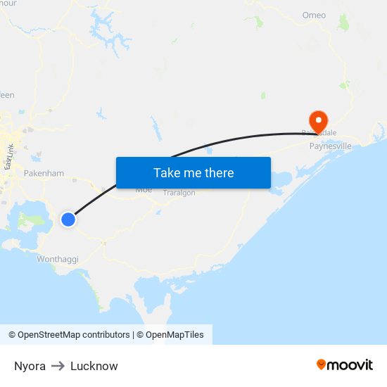 Nyora to Lucknow map