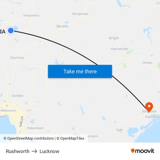 Rushworth to Lucknow map