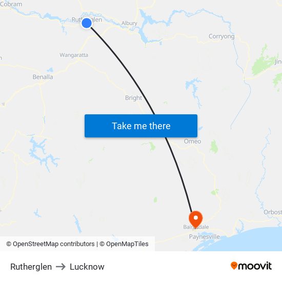 Rutherglen to Lucknow map