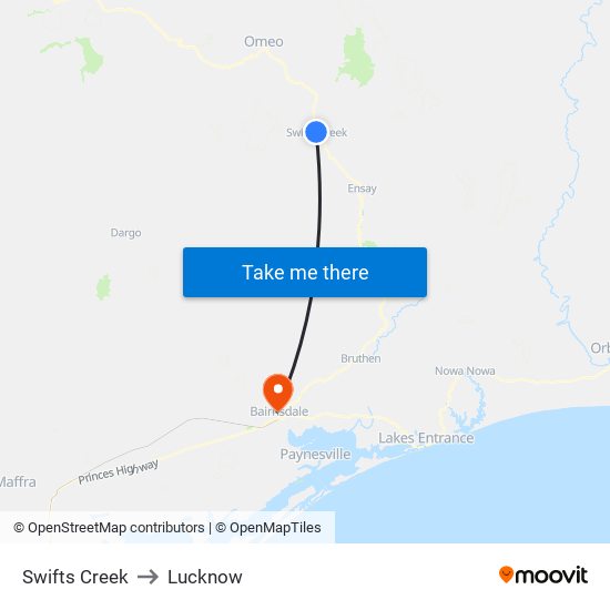 Swifts Creek to Lucknow map