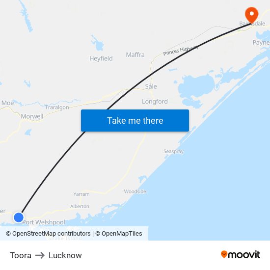 Toora to Lucknow map