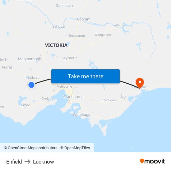 Enfield to Lucknow map