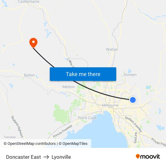 Doncaster East to Lyonville map