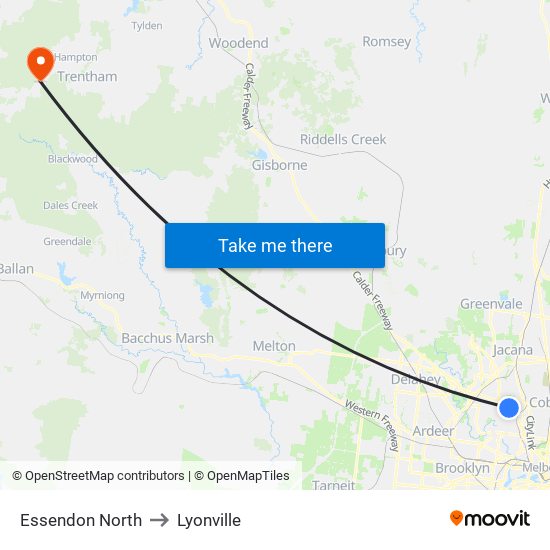 Essendon North to Lyonville map