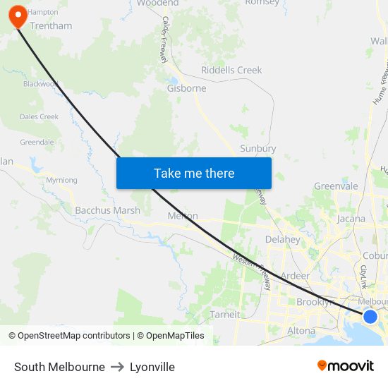 South Melbourne to Lyonville map