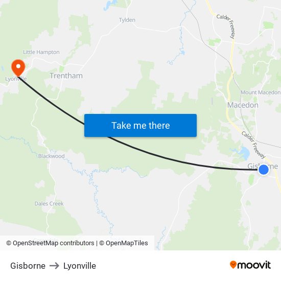 Gisborne to Lyonville map