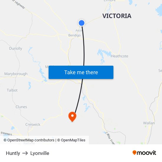 Huntly to Lyonville map