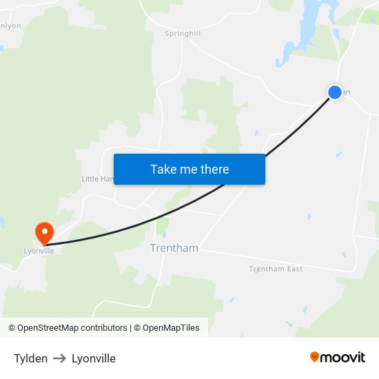 Tylden to Lyonville map